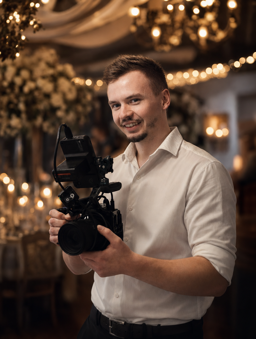 Julian, Hochzeitsfilmer, mit Kamera bei einer Hochzeit im warmen Abendlicht